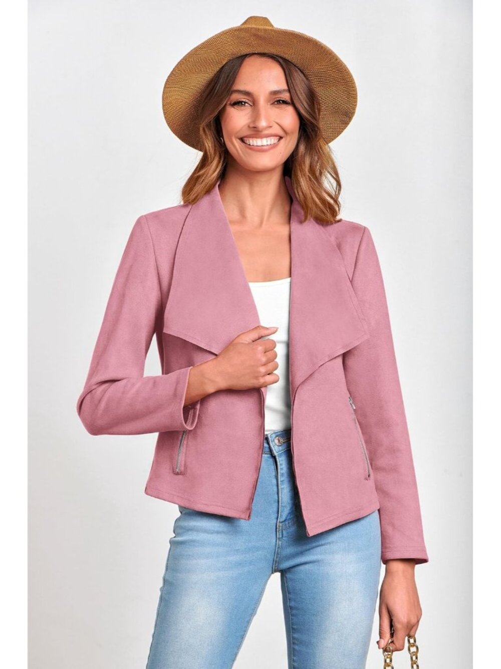 Women’s Pink Faux Suede Waterfall Collar Front Imported Cropped Jacket - Picture 4 of 6